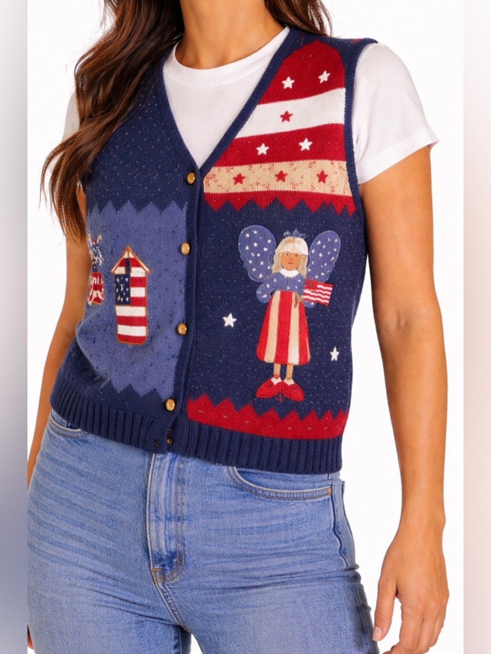 Vintage The Quacker Factory Americana Sweater Vest L Navy Patriotic Lighthouse